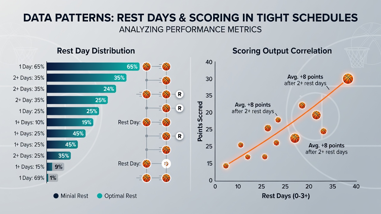 Grafik mit Scoring-Trends und Ruhetagsverteilung in Basketball-Ligen